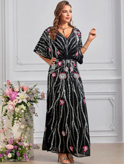 Sequin Floral Batwing Midi Dress Luxe