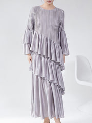 Couture Plissé Pleated Ruffle Sleeve Midi Dress