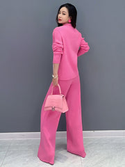 Elegant Pink Fitted Top and Loose-Leg Pants 2-Piece Set