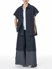 Cotton Denim Wide-Leg Pants with Elastic Waistband