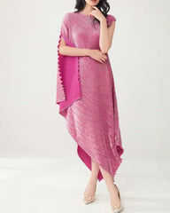 Plissé Metallic Cape Dress