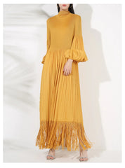 Pleated Long Sleeve Midi Dress with Tassels