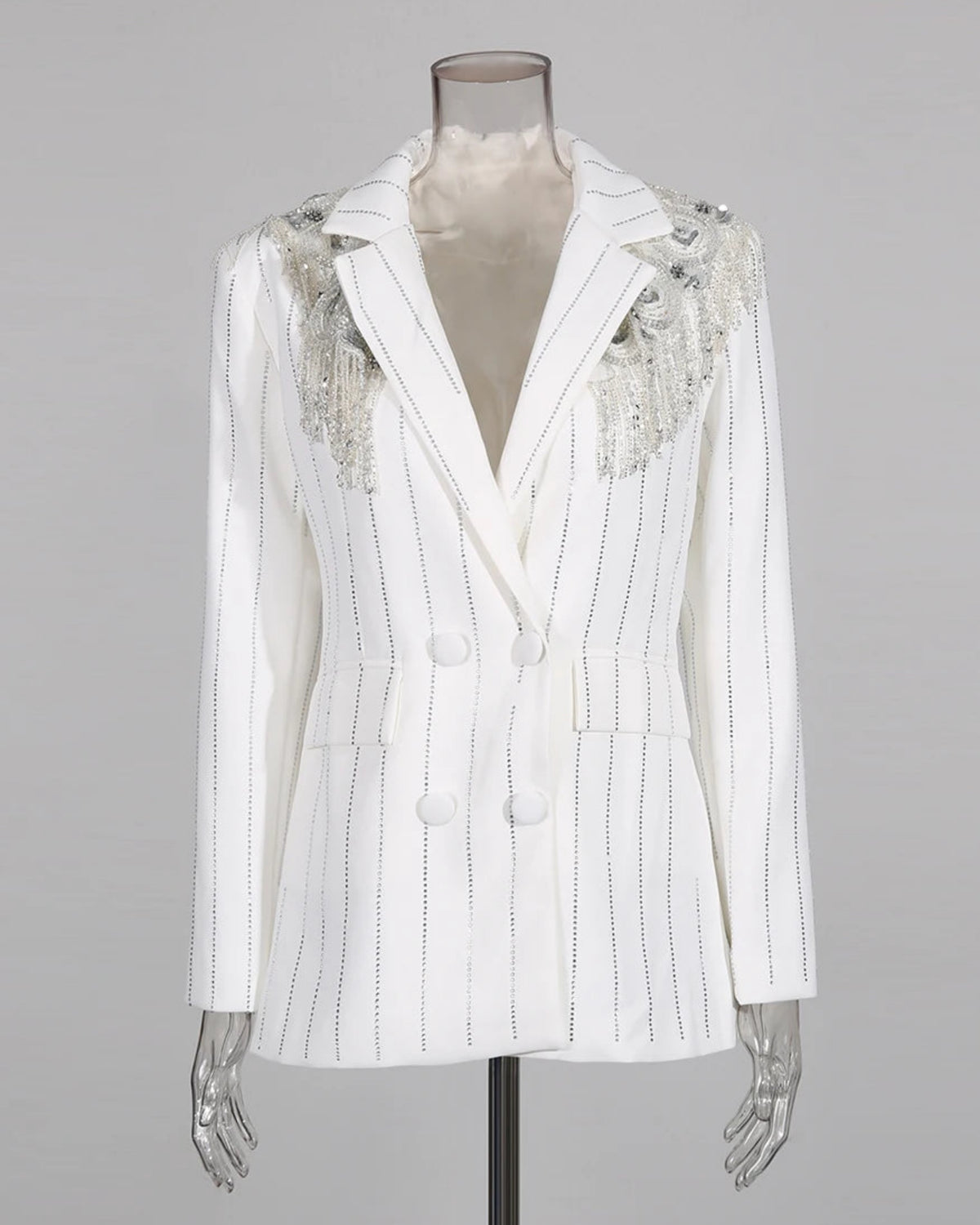 Rhinestone Pinstripe Fringe Blazer