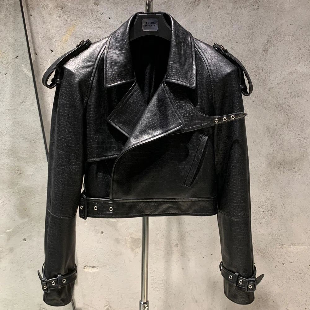 Luxury Women's Genuine Leather Belted Moto Jacket