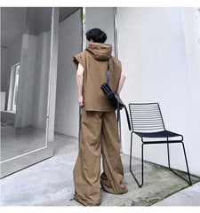 Men's Khaki Stylish Baggy Hoodie Vest 2-Piece Set