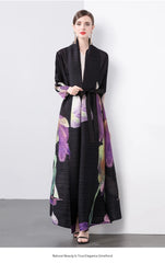 Women's Luxe Pink Floral Pleated Long Coat