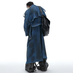 Men's Oversized Long Denim Trench Coat (Padded Shoulders)