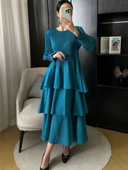 Pleated Lantern Sleeve Ruffle Dress