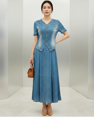 Luxury Denim Plissé Skirt Set