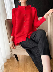 Luxury Red Pleated Asymmetrical Plissé Cardigan