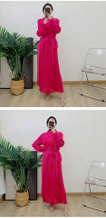 Plissé Pleated Chiffon Long Sleeve Midi Dress