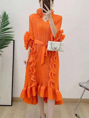 Pleated Ruffled Collar Dress