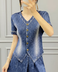 Luxury Denim Plissé Skirt Set