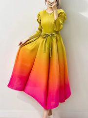 Women's Ombre Pleated Puffy Sleeve Dress