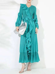 Ruffle Pleated V-Neck Dress