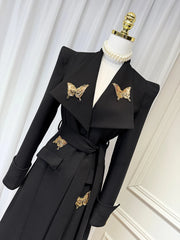 Luxury Black Belted Long Coat with Butterfly Details