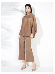 Elegant Beaded Plissé Pleated Sweater & Pant Set