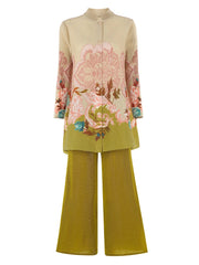 Luxury Floral Pleated Blouse & Wide-Leg Pant Set