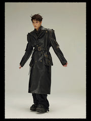 Men's Black Vegan Leather Trench Coat - Luxury Streetwear