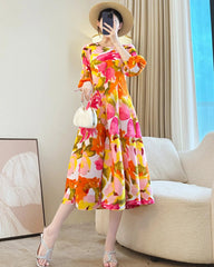 Sculptural Plissé Watercolor Dress