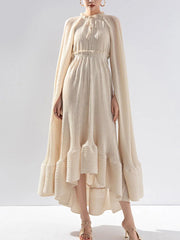 Women's Pleated Midi Dress with Elegant Cape