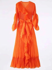 Ruffle Pleated V-Neck Dress