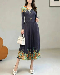 Couture Pleated Belted Floral Dress