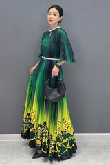 Women's Floral Green & Yellow Ombre Pleated Midi Dress