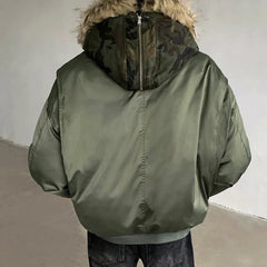 Men's Streetwear Camo Faux Fur Hood Jacket