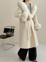Luxury Wool-Blend Faux Fur Hooded Coat