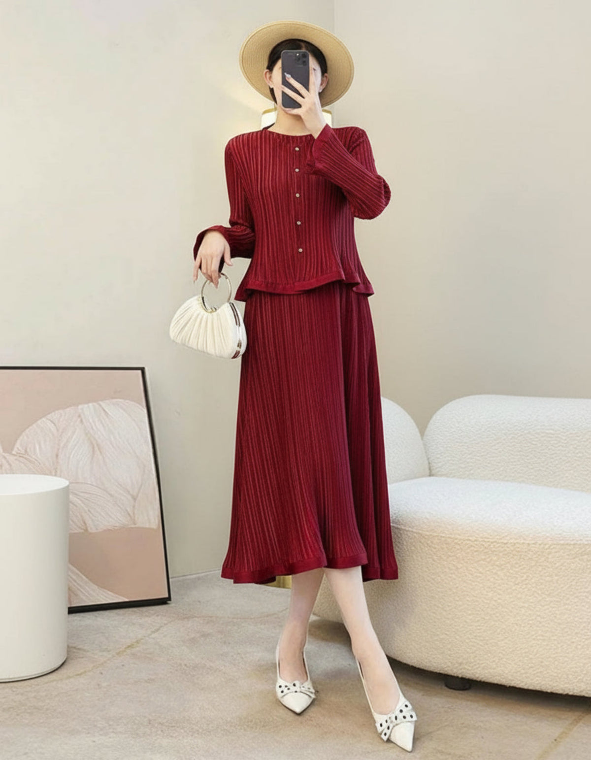 Plissé Sleeveless Dress & Cardigan