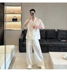 Men's Sheer 2-Piece Embroidery White Lace Suit Set