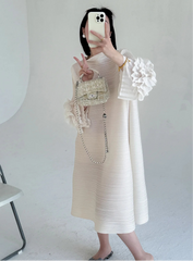 Luxe Floral-Sleeve Pleated Dress