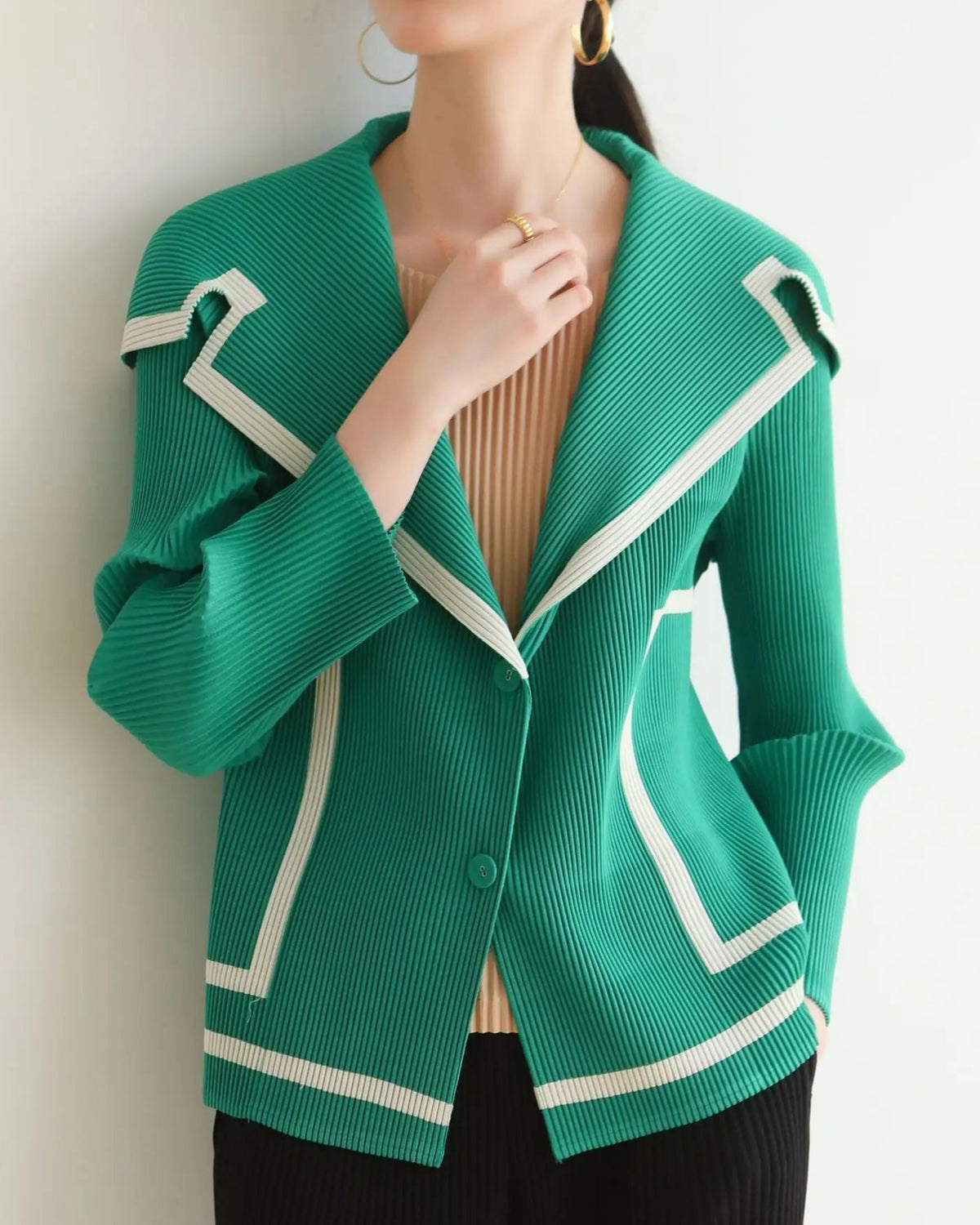 Pleated Shawl-Collar Cardigan