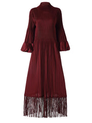 Plissé Pleated Tassel Long Sleeve Midi Dress