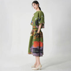 Olive Green Pleated Top & Skirt Set