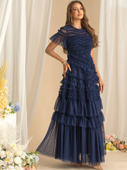 Luxe Navy Blue Lace Tiered Ruffle Chiffon Dress