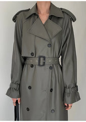 Women's Belted Faux Leather Trench Coat