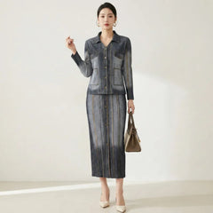 Denim Printed Pleated Skirt Set