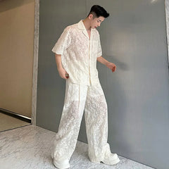 Men's Sheer 2-Piece Embroidery White Lace Suit Set