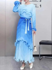 Ombre Pleated Ruffle Long Dress