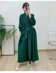 Couture Plissé Pleated Belted Robe Coat