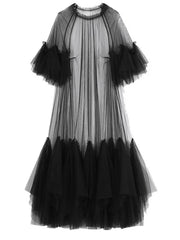 Couture Black Ruffled Sheer Tulle Maxi Dress