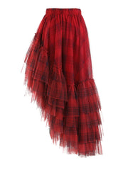Plaid Asymmetric Tulle Pull-On Skirt