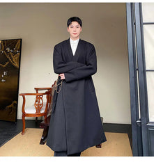 Men's Black Kimono Wrap Wool Long Coat