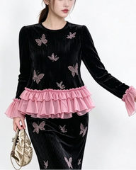  Luxury Velvet Pleated Skirt Set