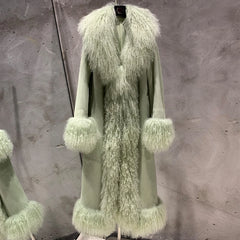 Genuine Shearling Suede Fur Long Coat