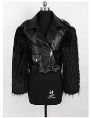 Cropped Motorcycle Faux Leather & Fur Jacket