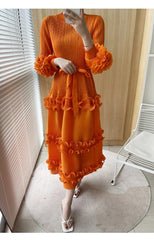 Bella Orange Floral Pleated Sleeve Dress