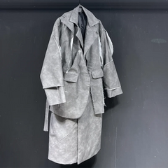 New! Men's Gray Distressed Vegan Leather Trench Coat